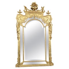 Antique Fantastic French Gilded Figural Maiden Mirror with Full Body Birds and Flowers