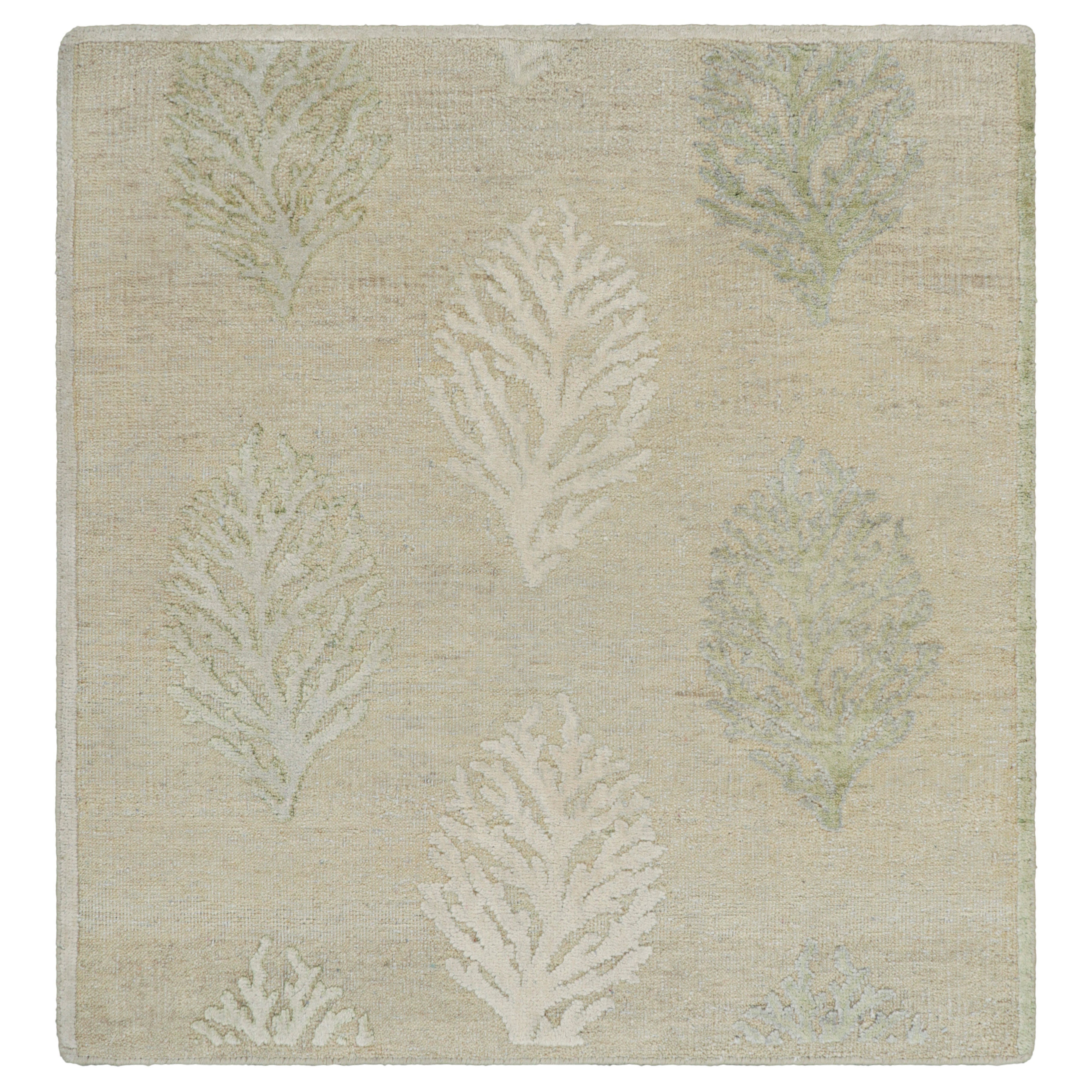 Rug & Kilim’s Block Print Square Rug with Beige and Green Floral Patterns
