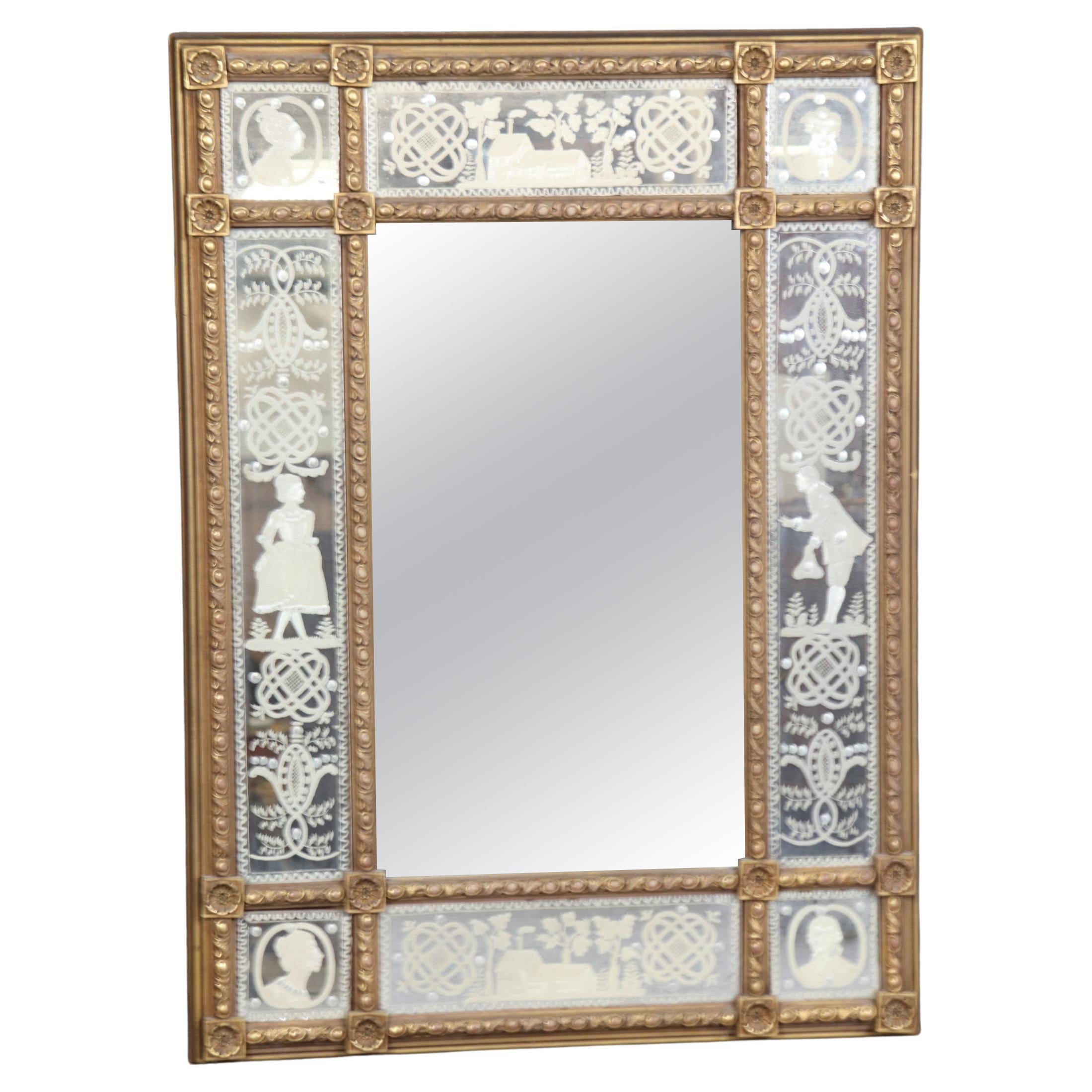 Charming Etched Glass Italian Husband and Wife Giltwood Mirror For Sale