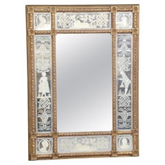 Charmant miroir en verre gravé des époux italiens en bois doré