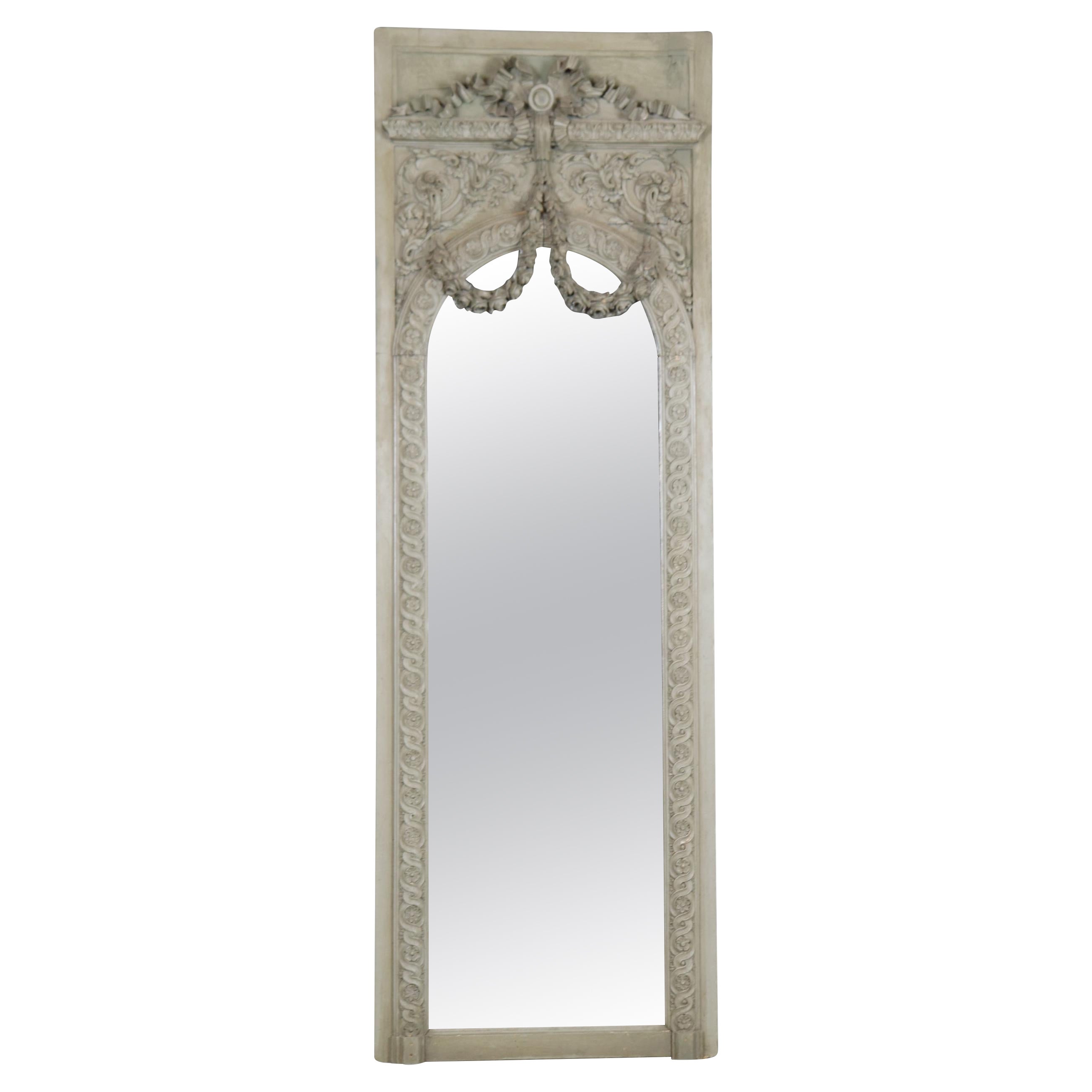Fantastic Original Gray Painted Carved French Trumeau Wall Mirror 1870s Era