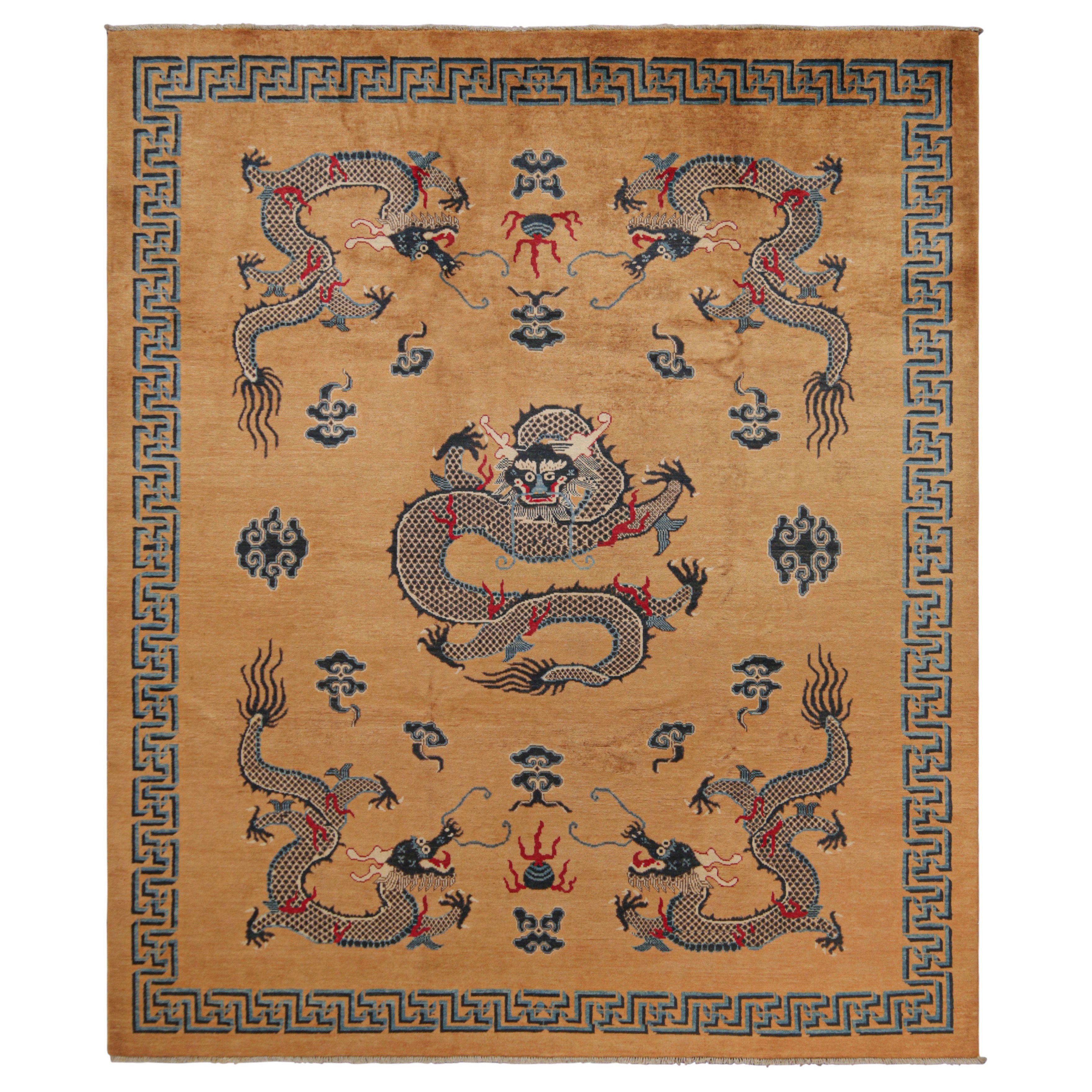 Rug & Kilim’s Chinese Style Dragon Rug in Brown with Red and Blue Pictorials