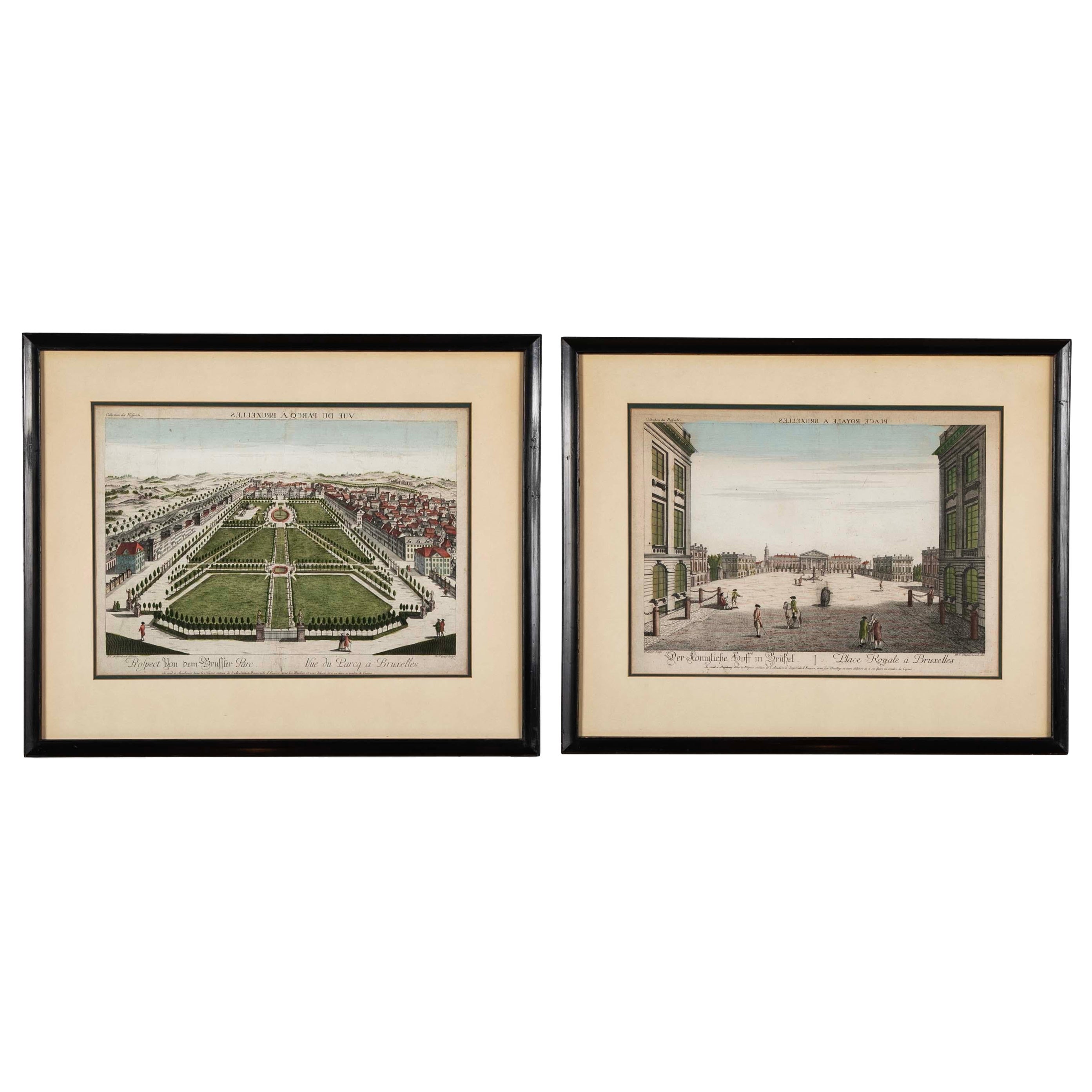 Pair 18th Century Hand Colored Engravings of Brussels by Frederic Leizel