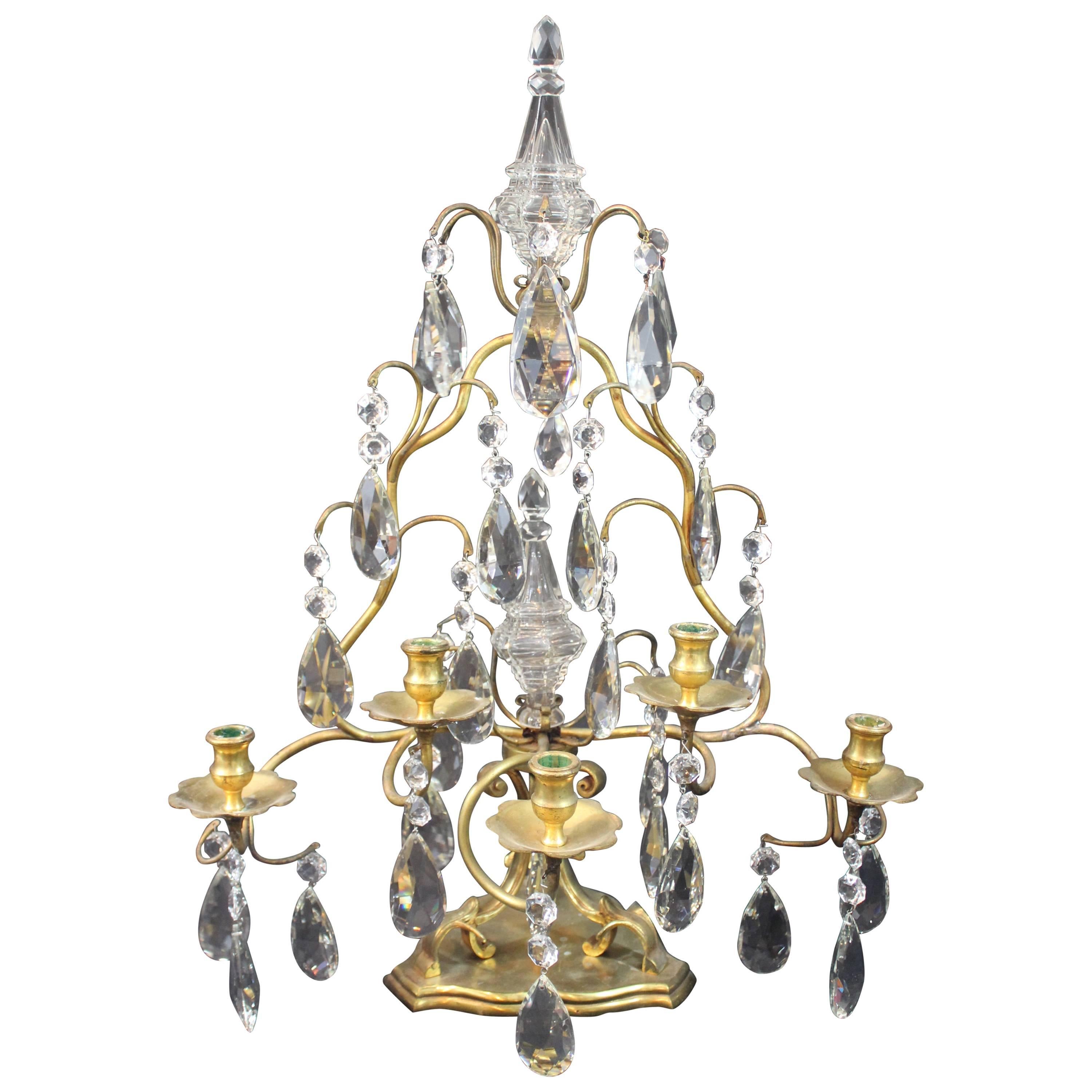 Single Bronze and Cut-Glass Candelabrum For Sale
