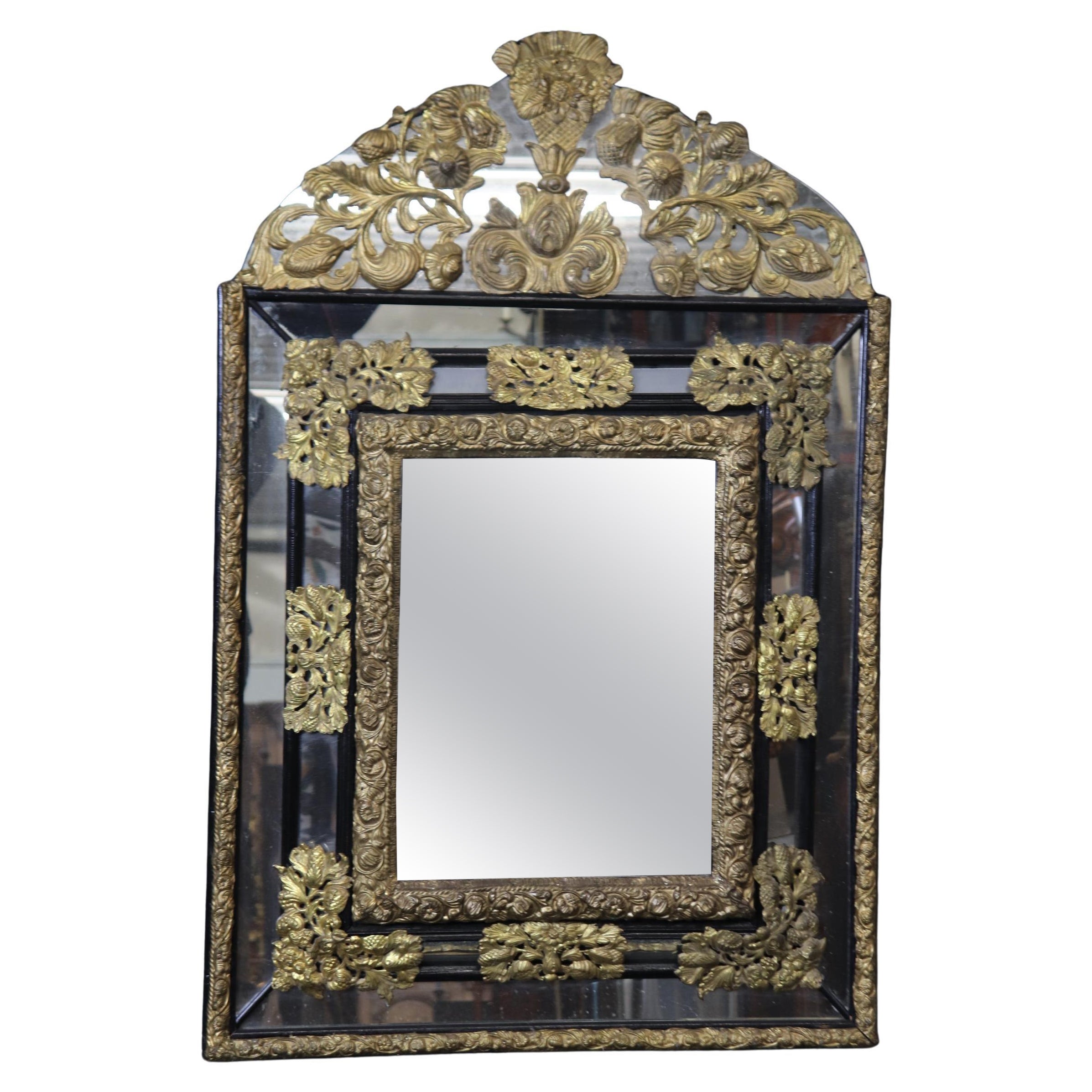 Rare French Brass Repousse Three-Dimensional Cushion Mirror Circa 1920 For Sale