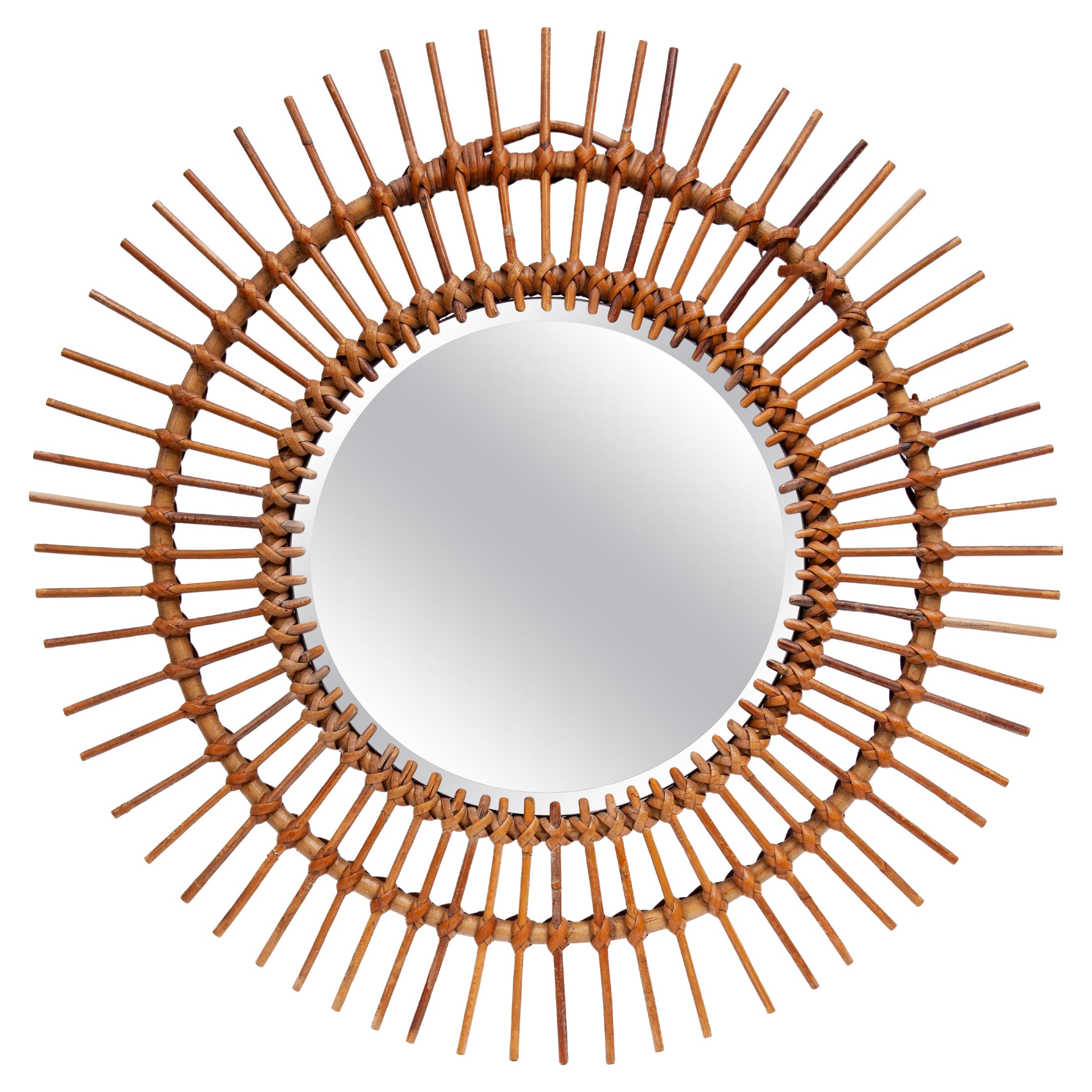 Round Sun Burst 1950s Bamboo Wall Mirror, France For Sale