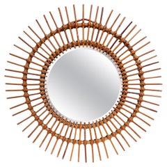 Round Sun Burst 1950s Bamboo Wall Mirror, France