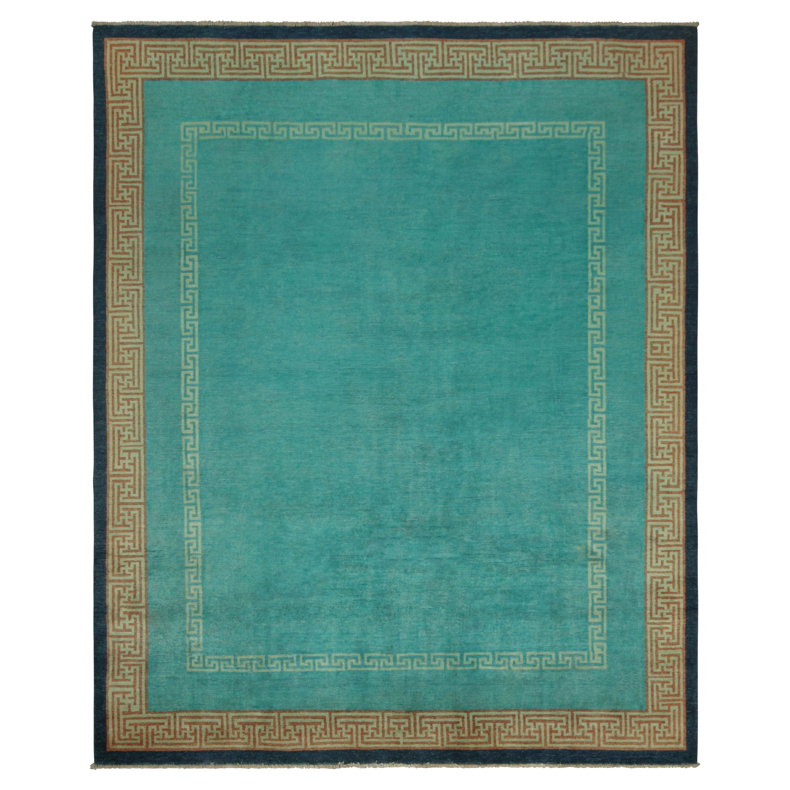 Rug & Kilim’s Art Deco Style Rug, Turquoise Blue Open Field & Greek Key Borders