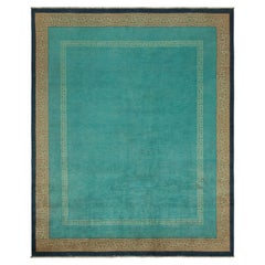 Rug & Kilim’s Art Deco Style Rug, Turquoise Blue Open Field & Greek Key Borders