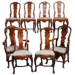 Superb Matched Set of Eight 18th Century Dutch Marquetry Walnut Dining Chairs