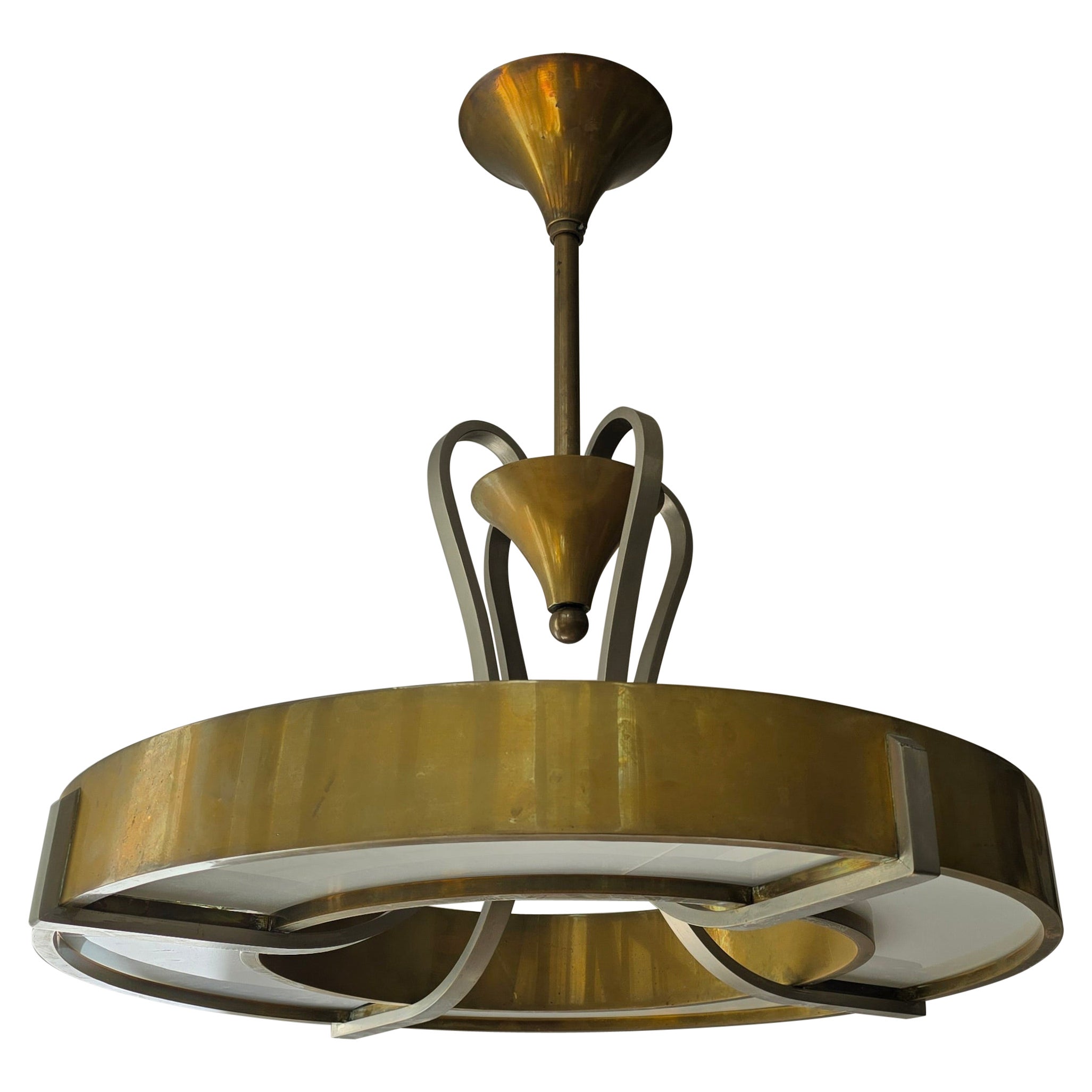 Elegant Art Deco and Bauhaus Brass and Opaline Glass Chandelier