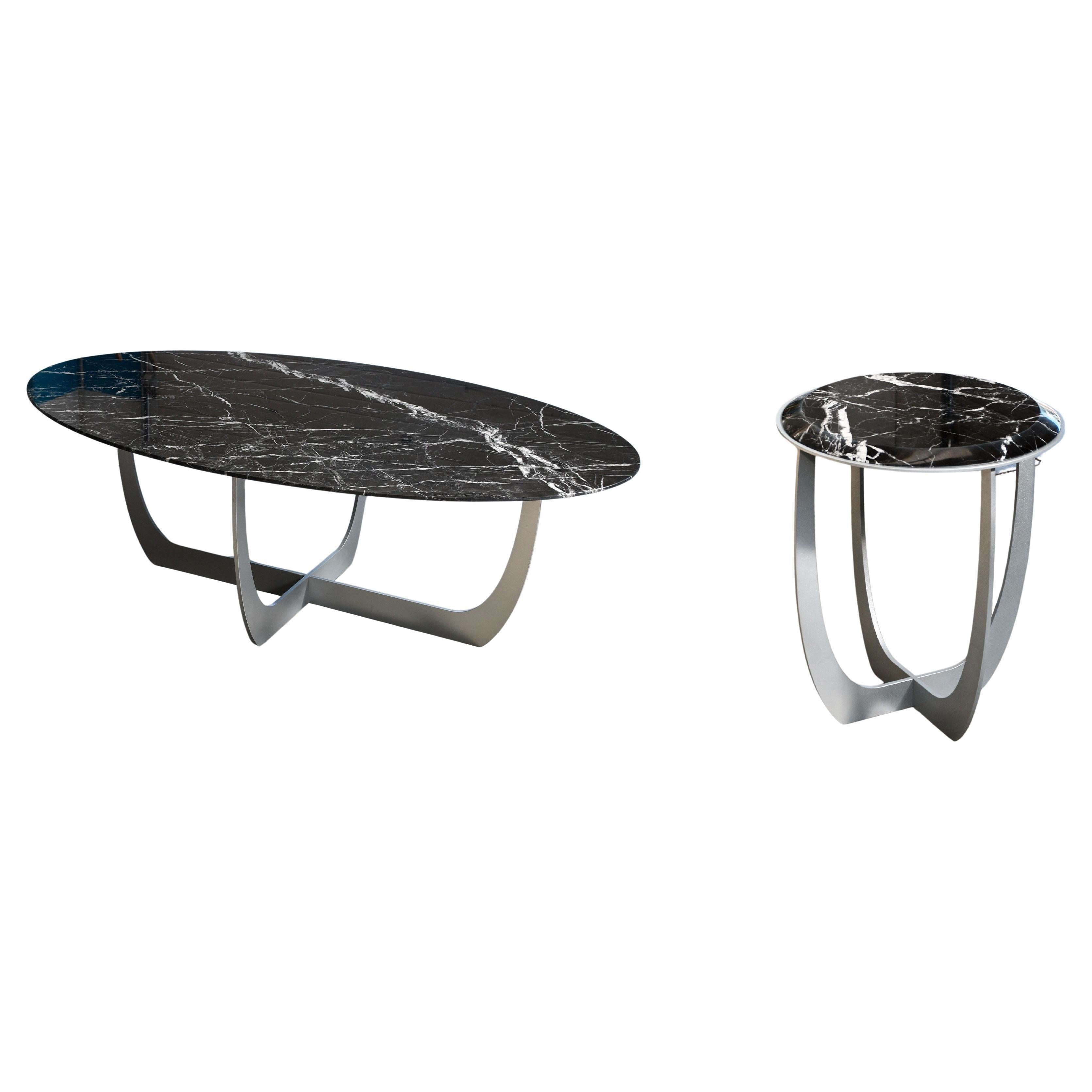 Set of 2 Valentine Nero Marquina Marble Coffee Table by WM Metal Design
