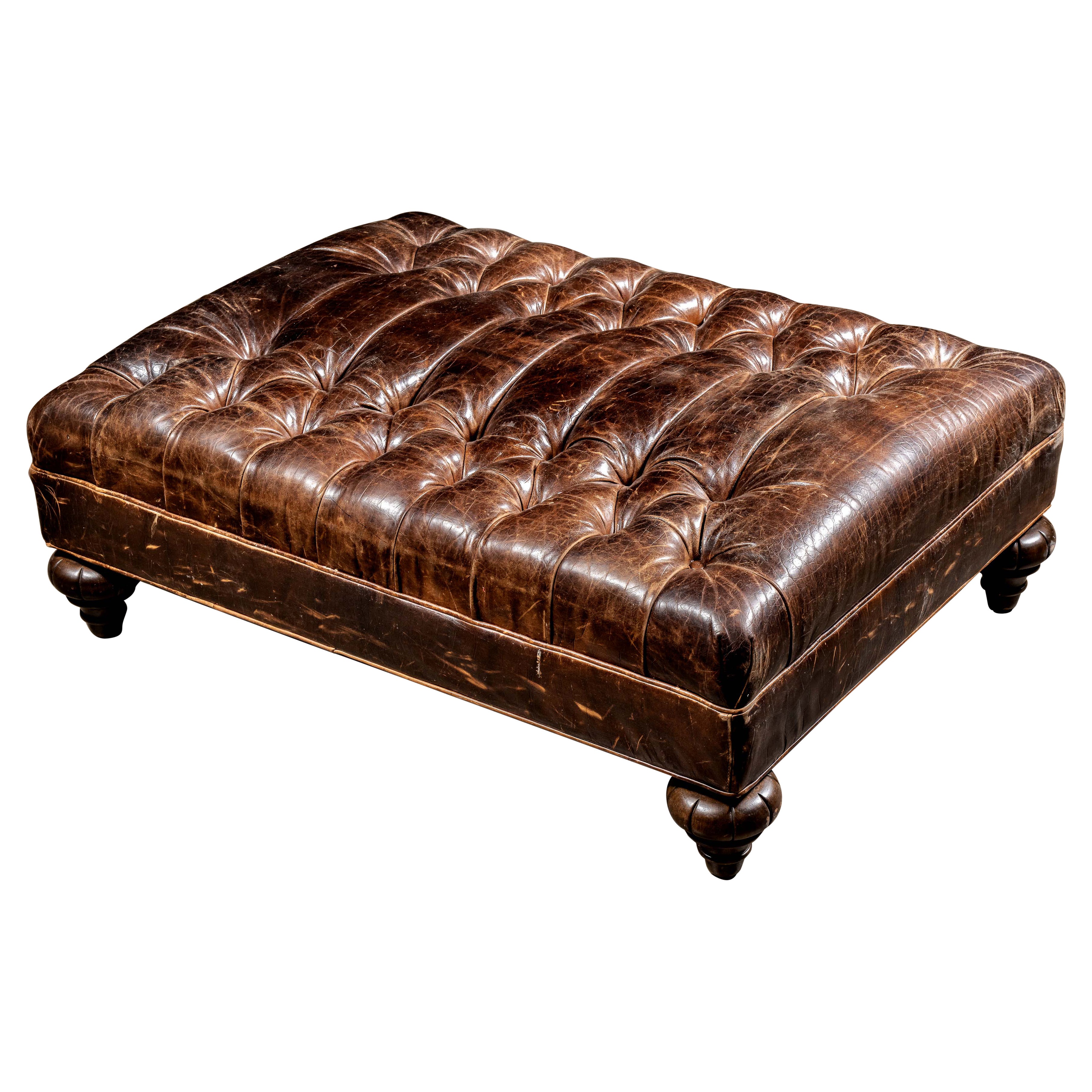 Vintage Tufted Leather Ottoman By Drexel Heritage in Brown For Sale