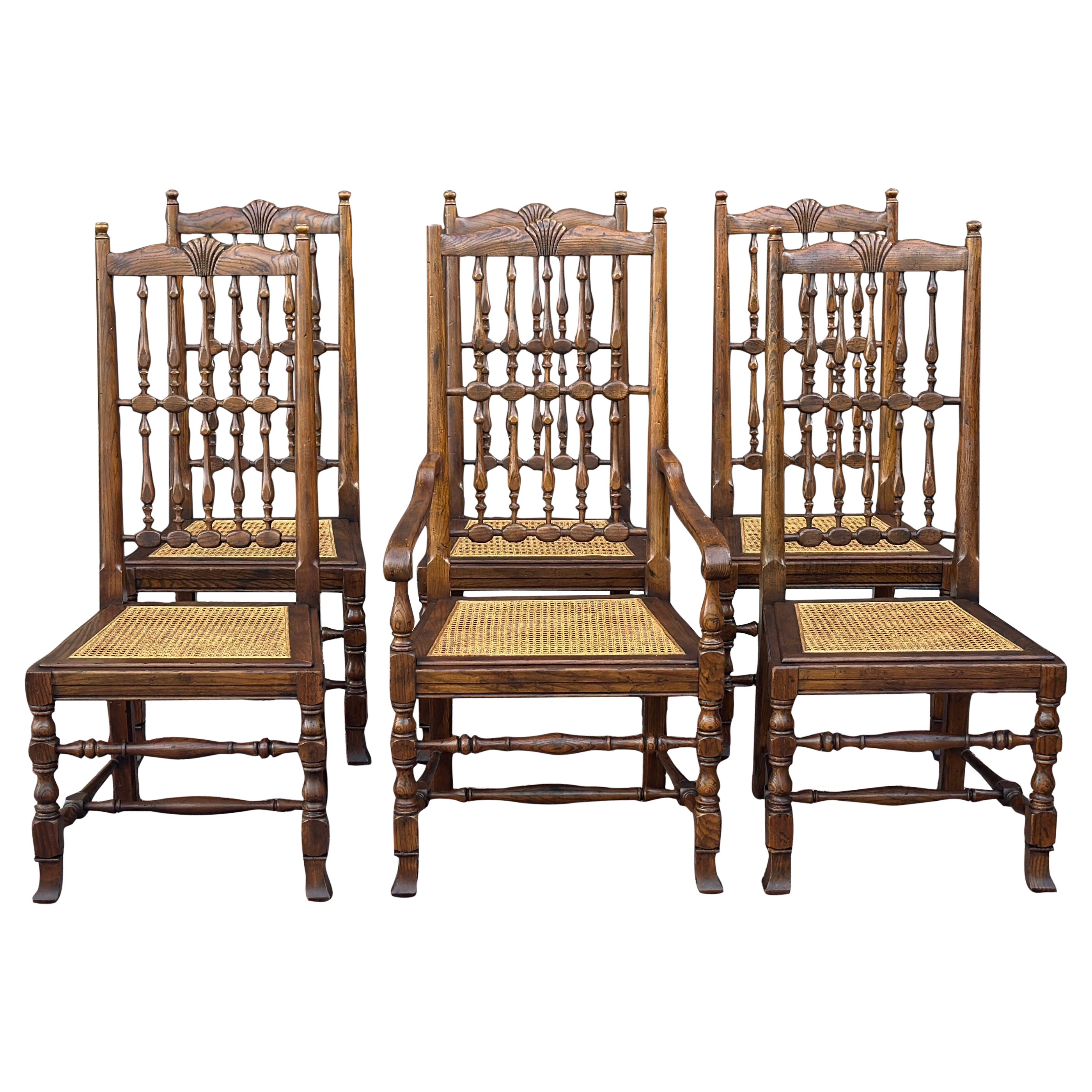 Six Henredon French Country Oak Dining Chairs w/ Caned Seats and Spindle Backs