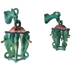 Vintage Extremely Rare Pair of Glazed Ceramic Seahorse Lanterns