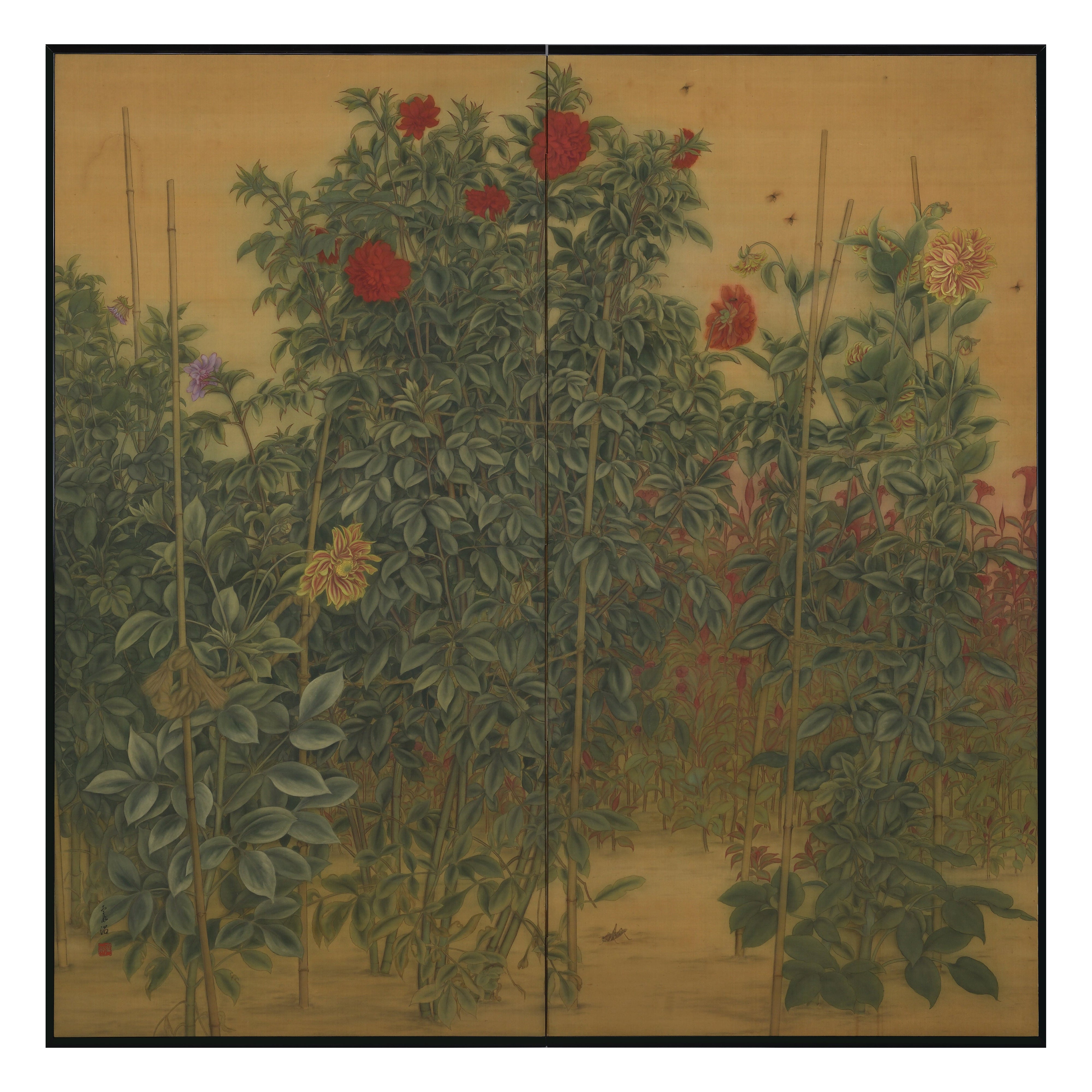 Circa 1920. Taisho era Japanese Nihonga Screen. Dahlias & Cockscomb.