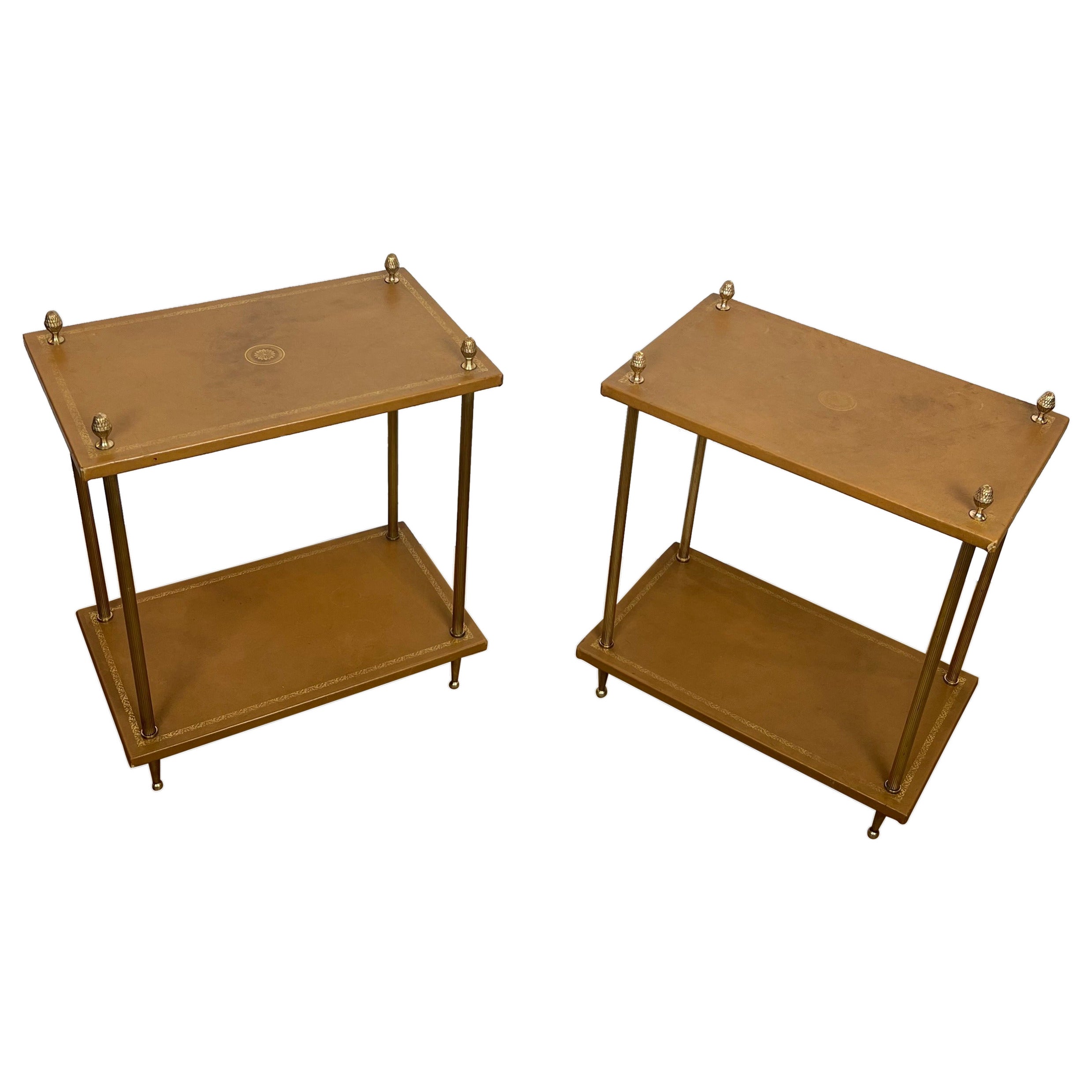 Pair of Neoclassical Style Brass Side Tables with Fawn Leather Trays Tops by For Sale