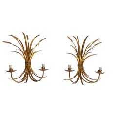 Large Pair of Coco Channel Gilt Metal Ears of Wheat Wall Sconces