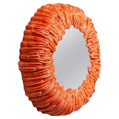Runder Spiegel mit orange-rotem Keramikrahmen, Italien 1970er Jahre