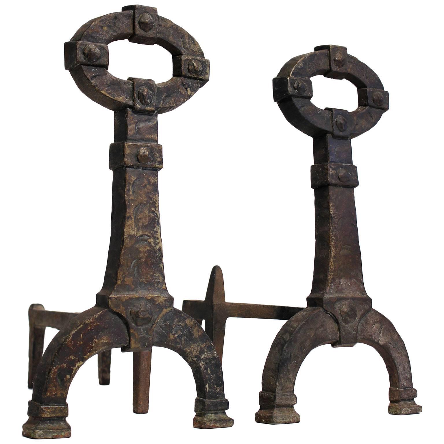 Antique Mission Arts and Crafts Cast Iron Pair of Andirons