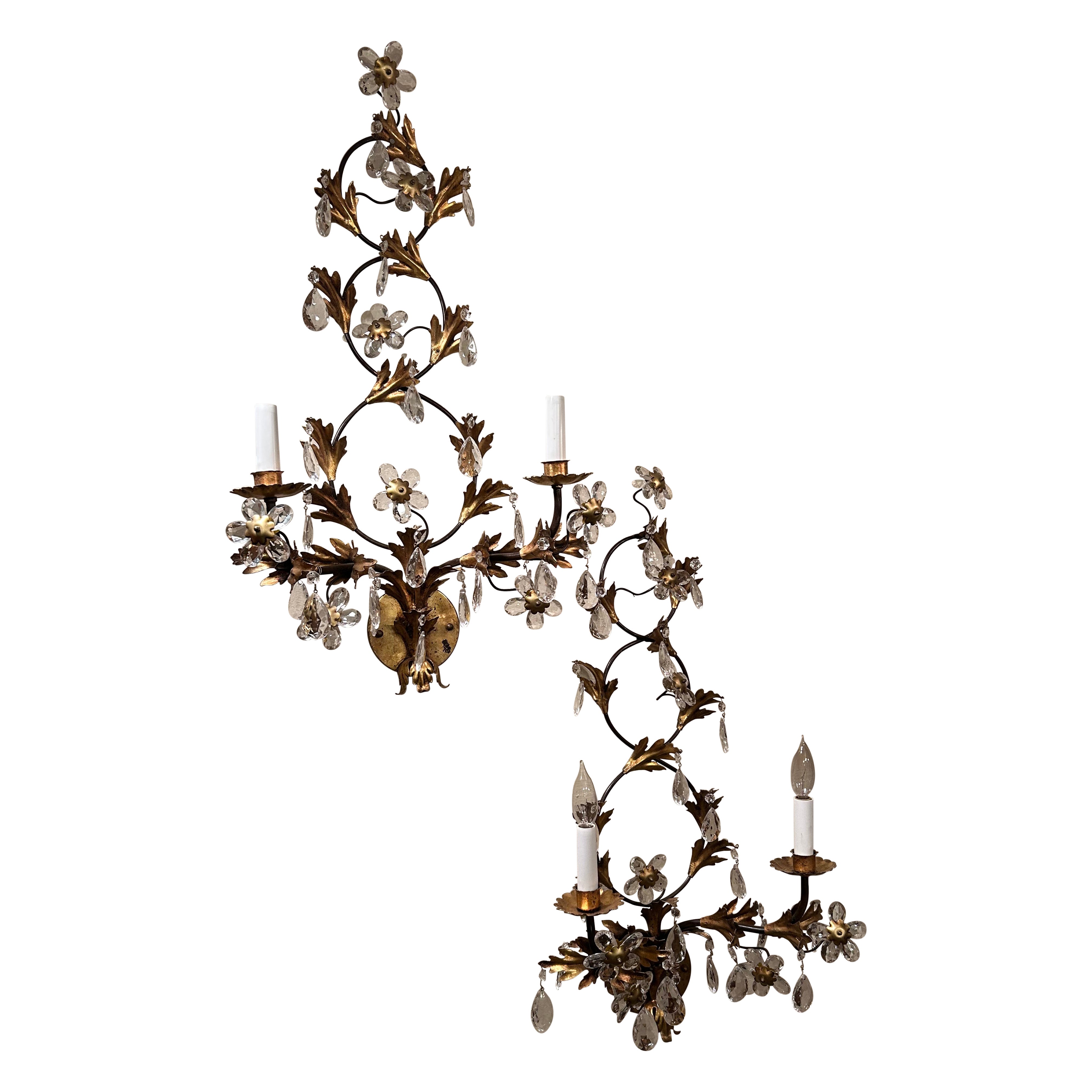 Elegant Pair of Vintage Large Glitzy Giltmetal & Crystal Sconces