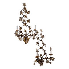 Elegant Pair of Vintage Large Glitzy Giltmetal & Crystal Sconces
