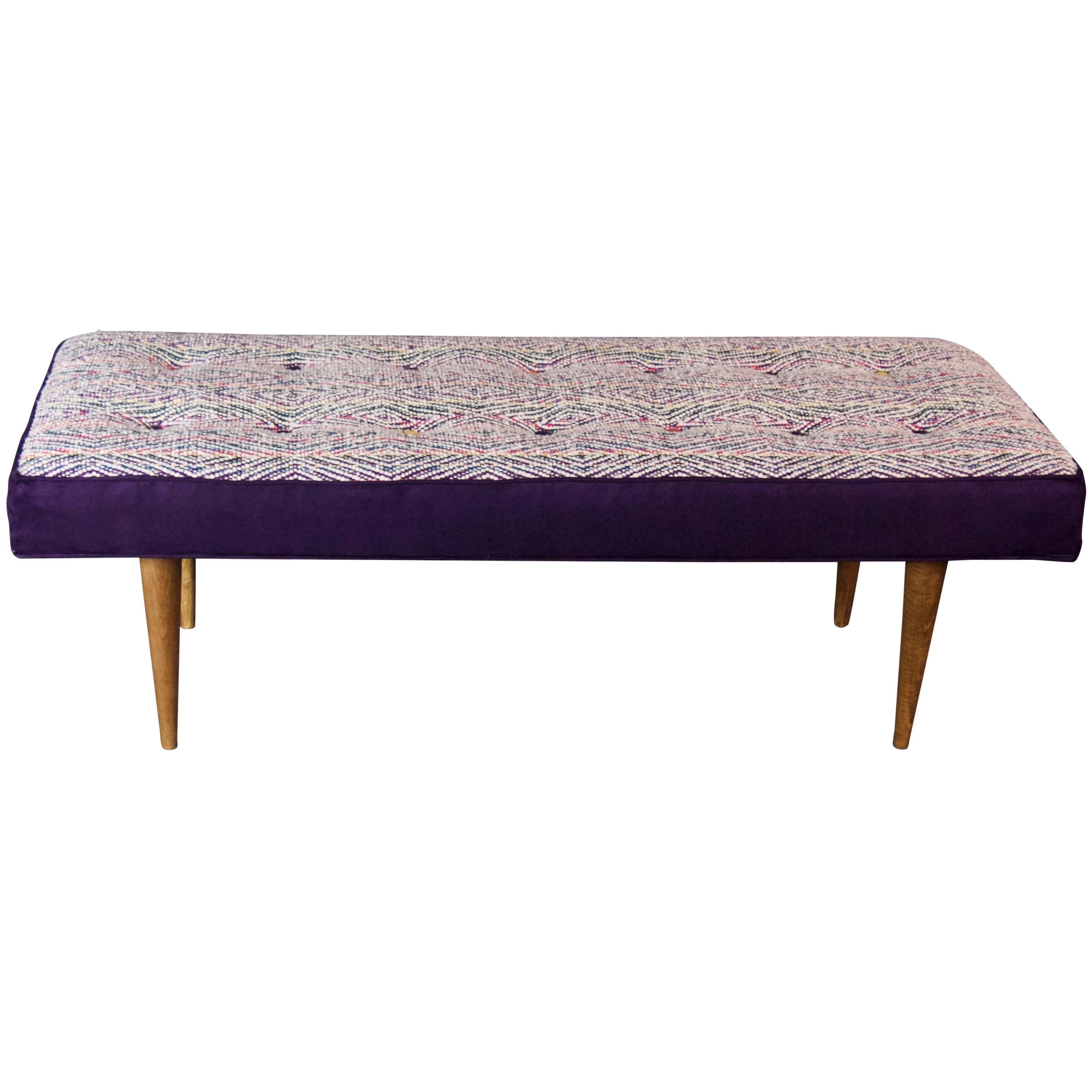 Mid Century Inspired 14-Button Bench with Hand-Woven Textile Seat--in stock