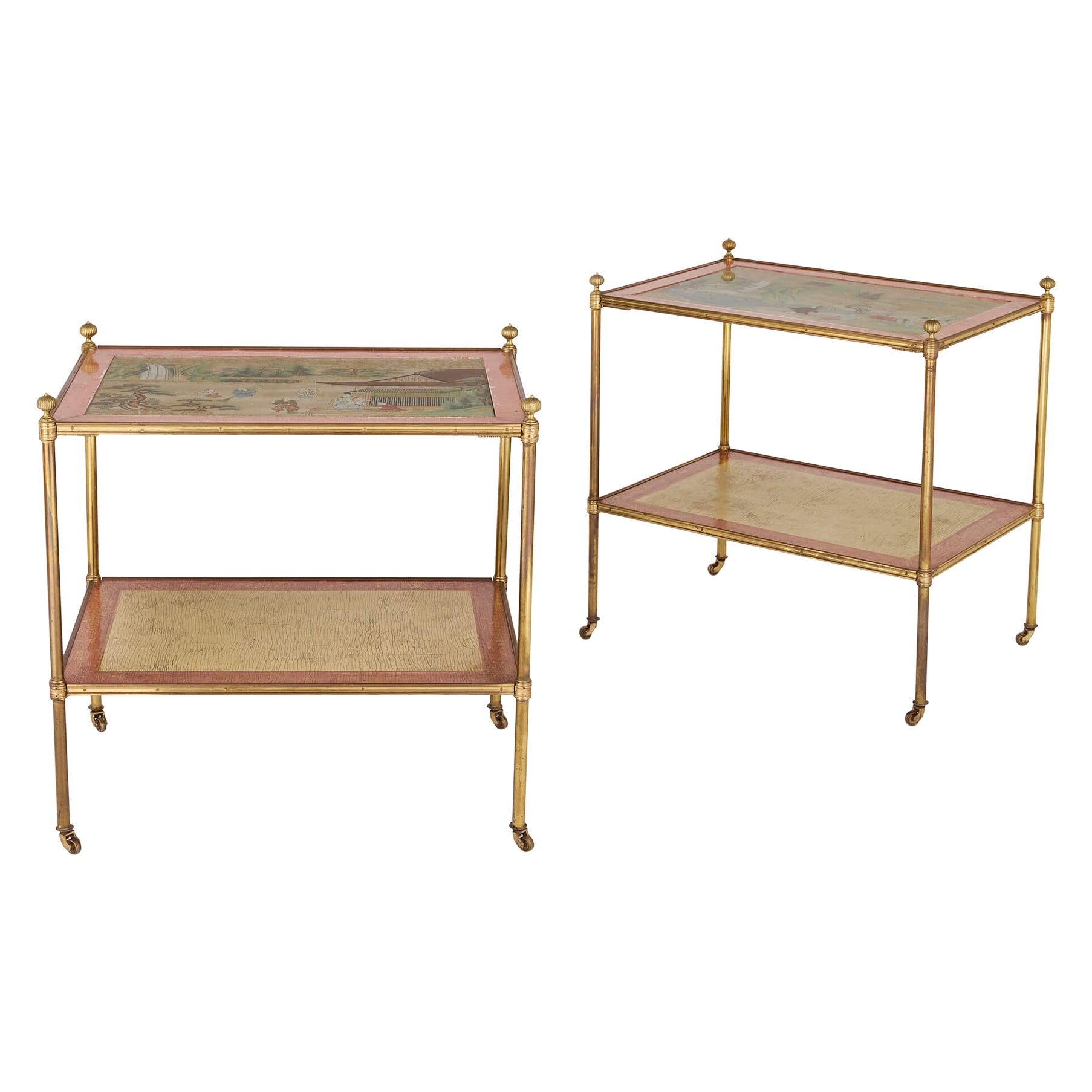Pair of 20th Century Two-Tiered Brass Étagères with Japanese Paintings