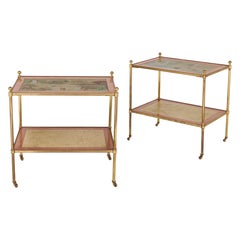 Pair of 20th Century Two-Tiered Brass Étagères with Japanese Paintings