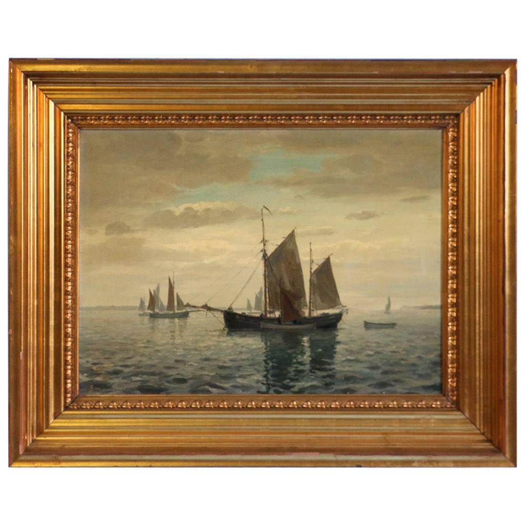 Original Oil on Canvas of Sailboats, Signed Benjamine Olsen