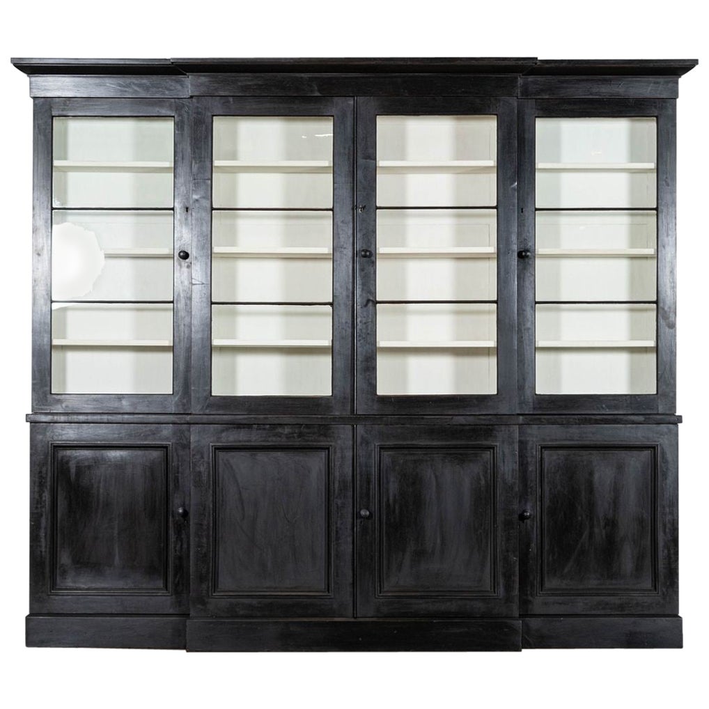 Monumental 19thC English Ebonised Mahogany Glazed Breakfront Bookcase