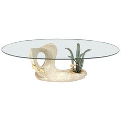 Sculptural lime stone and brass coffee table, 1980s