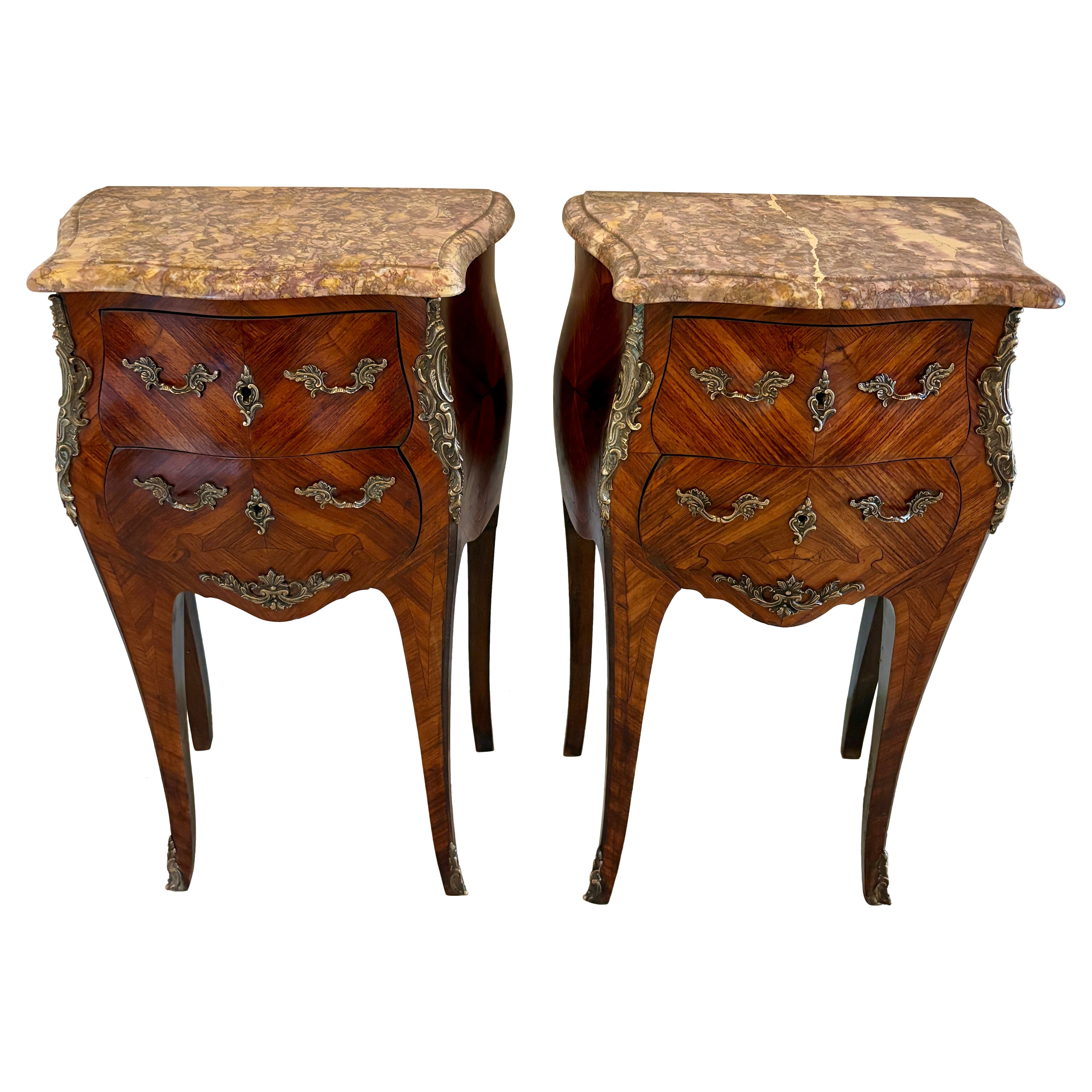Pair of Antique Quality French Kingwood Marble Top Marquetry Bedside Cabinet