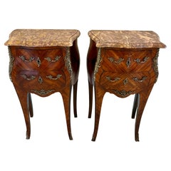 Pair of Antique Quality French Kingwood Marble Top Marquetry Bedside Cabinet