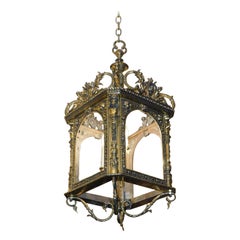 Antique Italian Neoclassical Figural & Foliage Gilt Bronze Hanging Hall Lantern, C. 1820