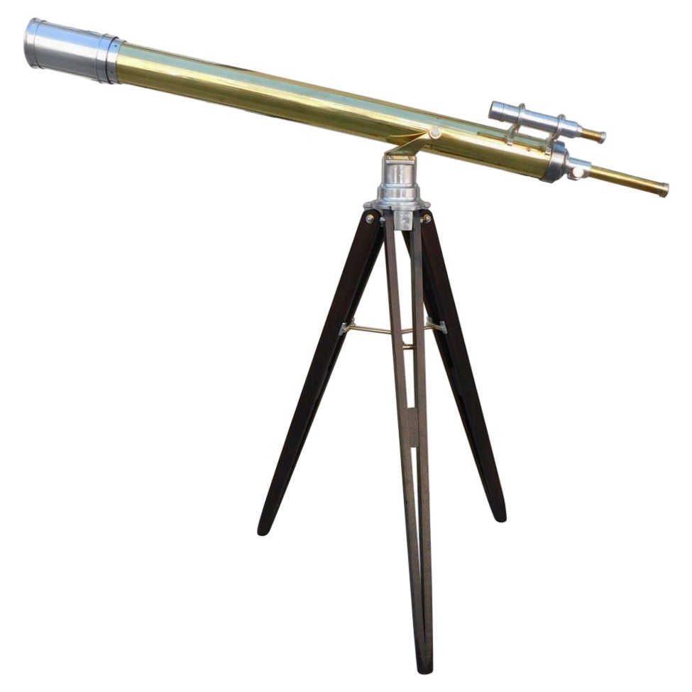 French Brass & Polished Steel Telescope w/ Spotting Scope on Tripod Stand C 1850 For Sale