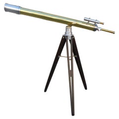 French Brass & Polished Steel Telescope w/ Spotting Scope on Tripod Stand C 1850