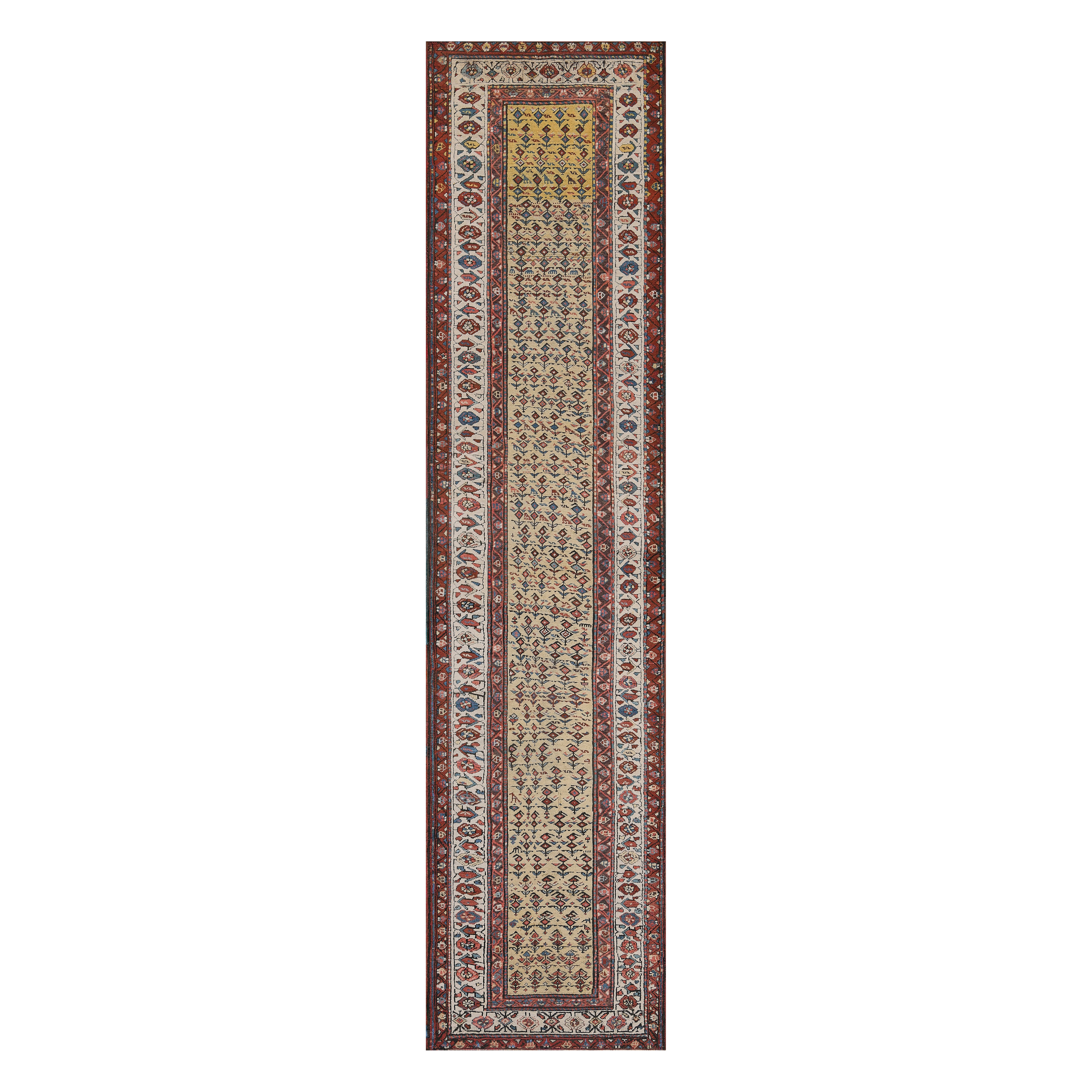 Antique Circa-1900 Wool Handwoven Yellow Floral Caucasian Runner
