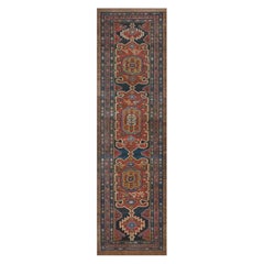Antiquité Circa-1900 Chemin de table persan en laine bleu marine et rouge
