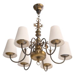 French Designer, Chandelier, Brass, Fabric, France, 1950s