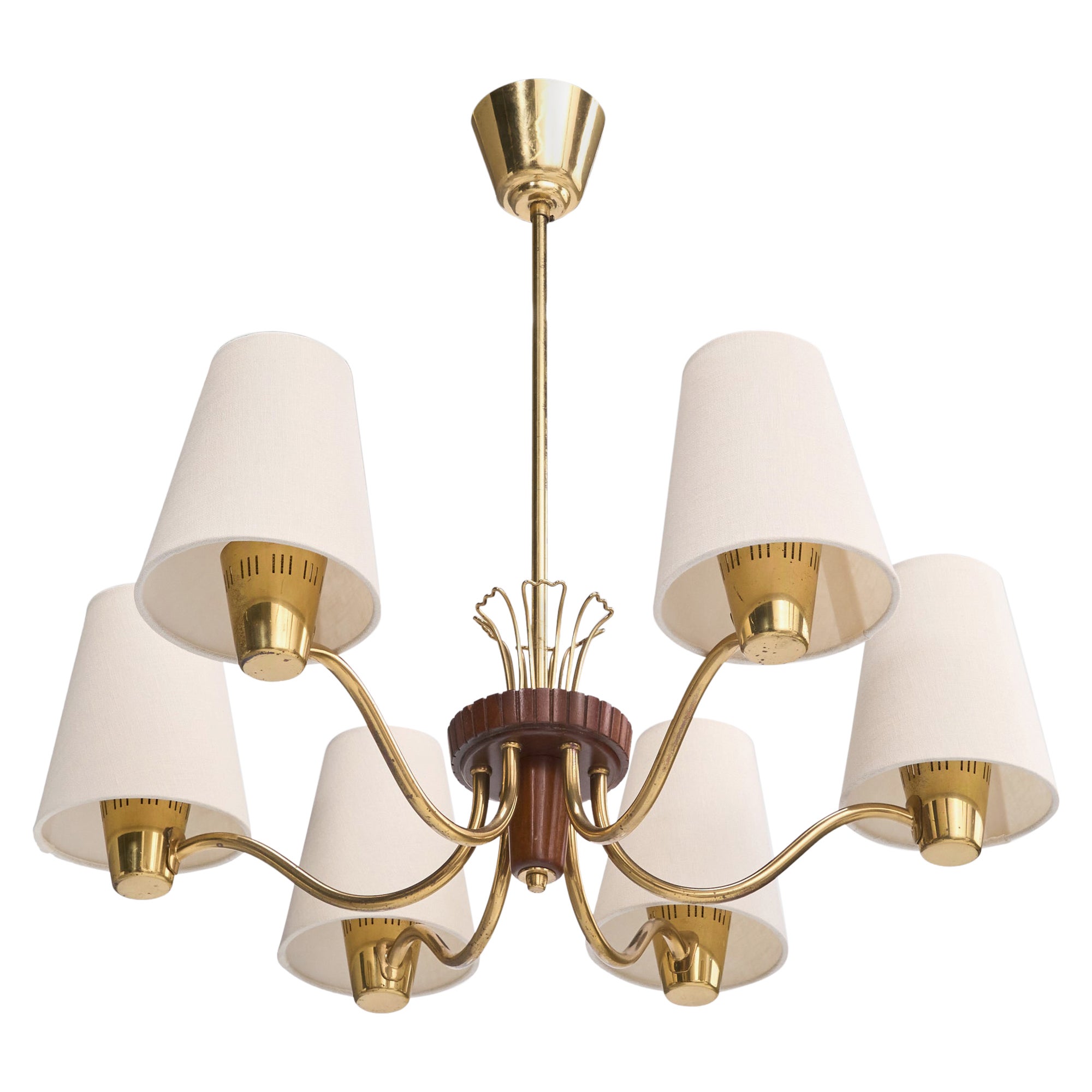 Swedish Designer, Chandelier, Brass, Wood, Fabric, Sweden, 1950s For Sale