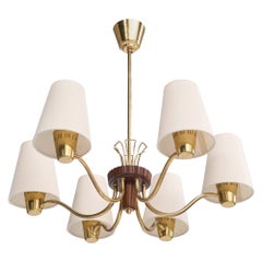 Swedish Designer, Chandelier, Brass, Wood, Fabric, Sweden, 1950s