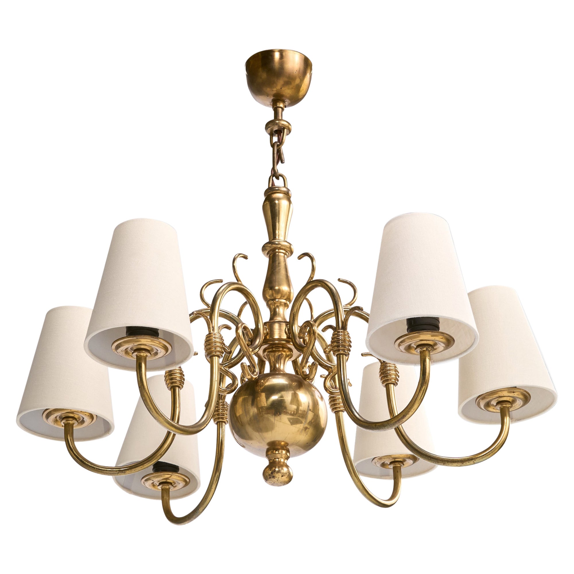 French Designer, Chandelier, Brass, Fabric, France, 1960s
