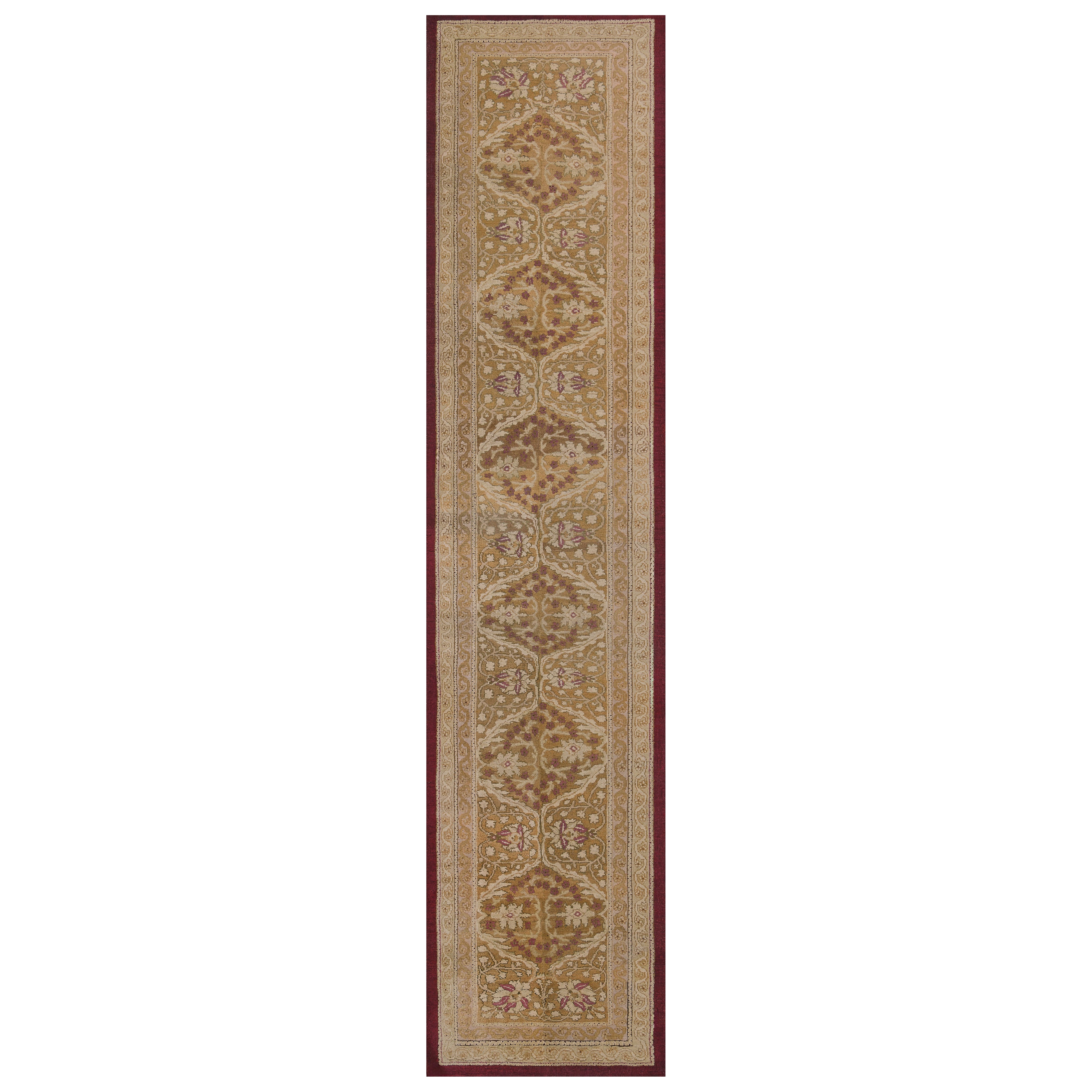 Antique Wool Yellow Handwoven Floral Indian Agra Runner