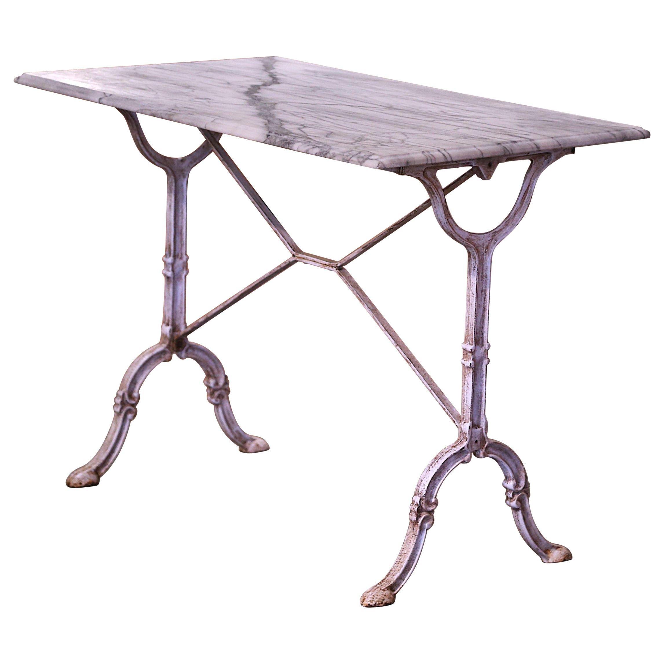 Mesa Bistrot Francesa de Hierro Pintada de Blanco con Tapa de Mármol de Principios del Siglo XX