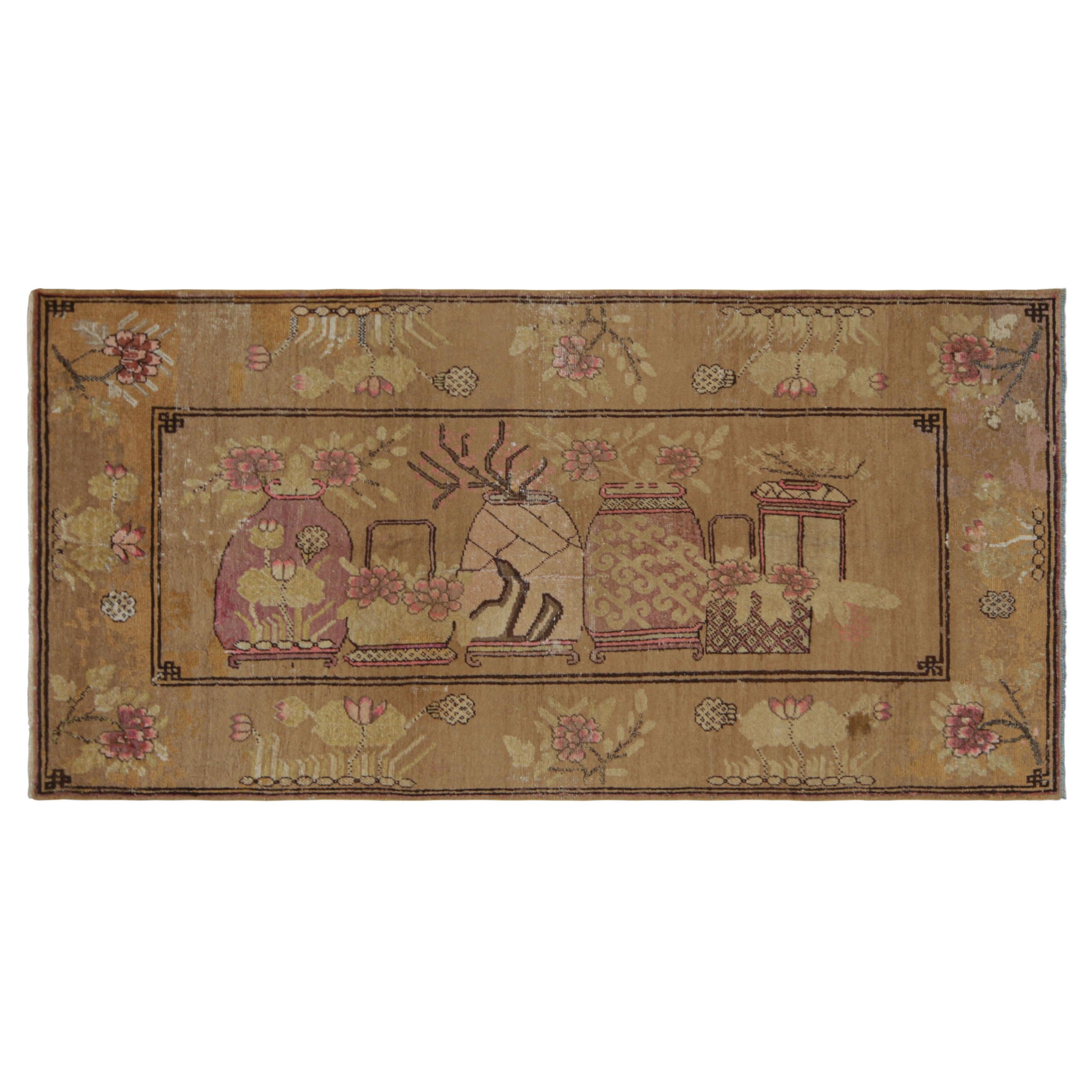 Vintage Samarkand Rug in Beige-Brown with Rare Pictorial Design - Rug & Kilim