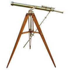 Antique American Brass Telescope w/ Spotting Scope & Stabilizer Bar on Tripod Stand 1870