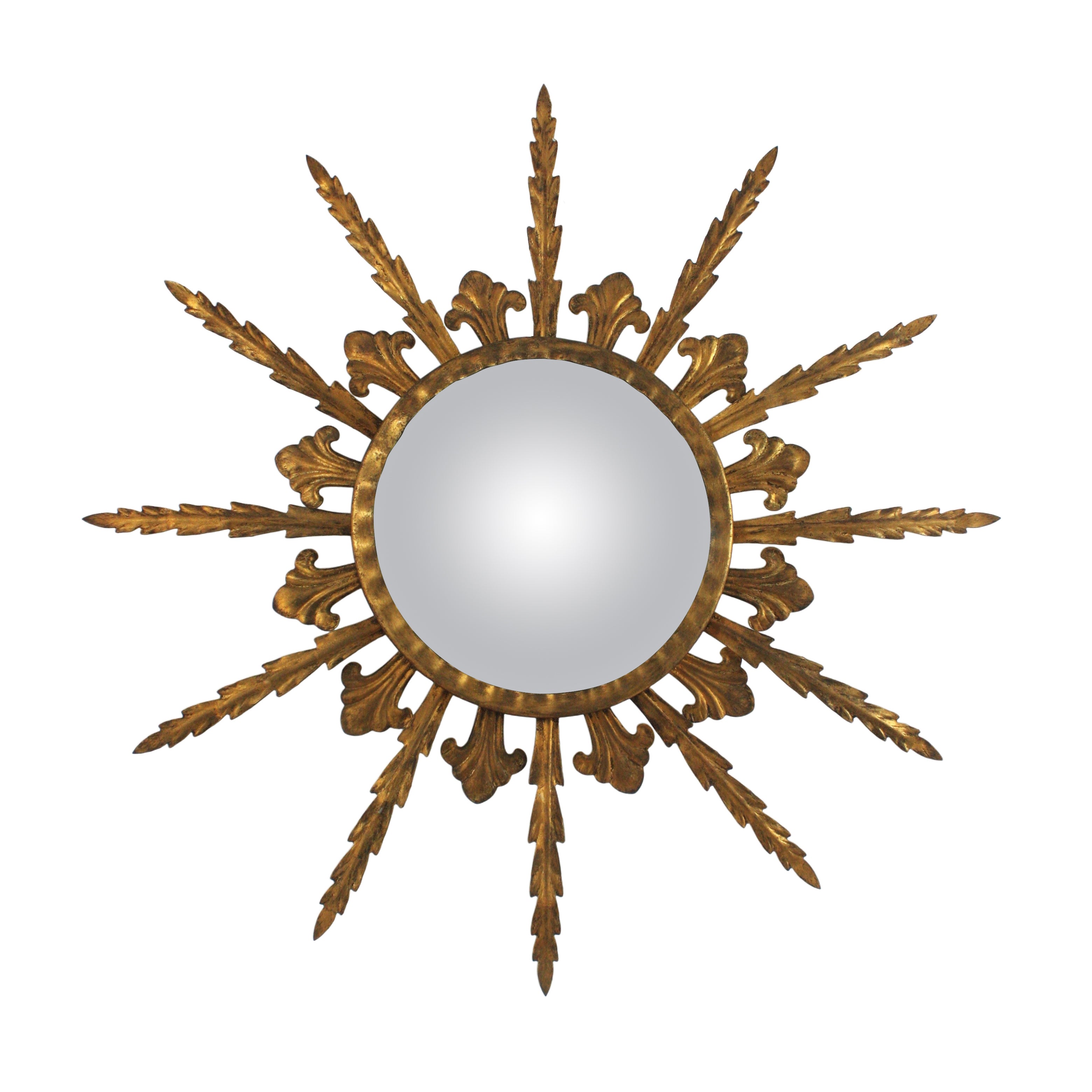 French Sunburst Mirror in Gilt Iron with Convex Glass, 1950s