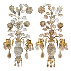 Hand-Made Pair of French Gilt Tole & Rock Crystal Floral Urn Wall Sconces