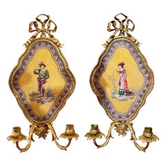 Pair Antique French Gold Bronze & Sevres Porcelain Painted Wall Sconces Ca. 1890